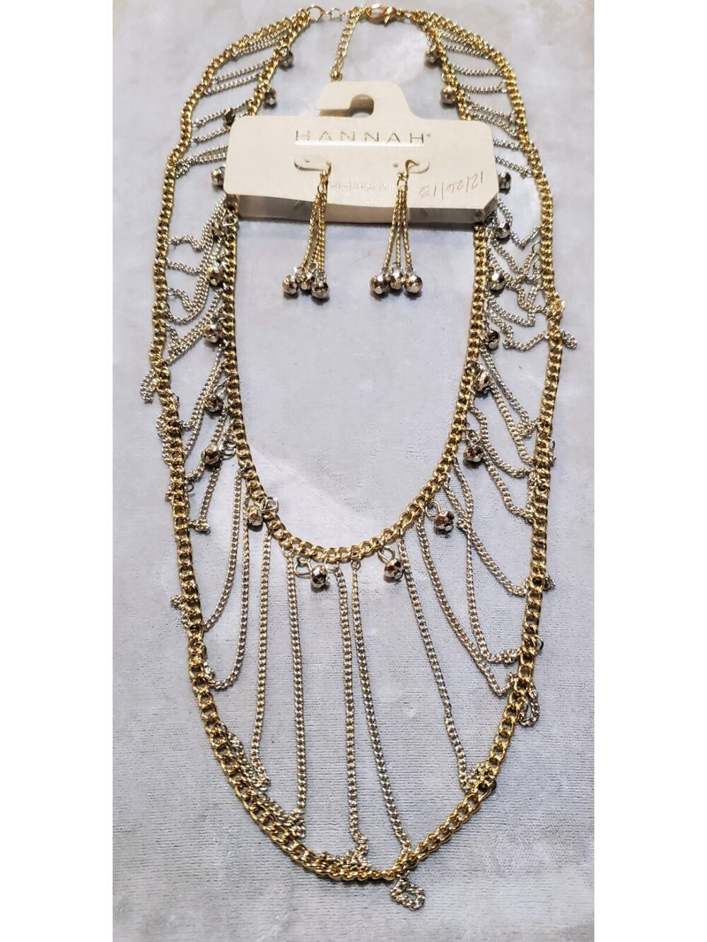 Statement Bib Necklace & Earrings Gypsy Gold Tone Silver Tone Chandelier Boho